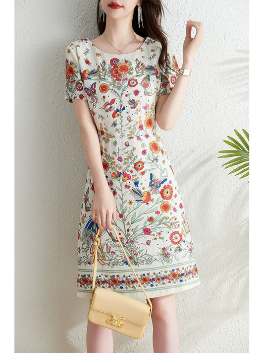 Fashionable plant flower print dress for women summer 2024 new French style waist slimming and temperament floral a-line skirt