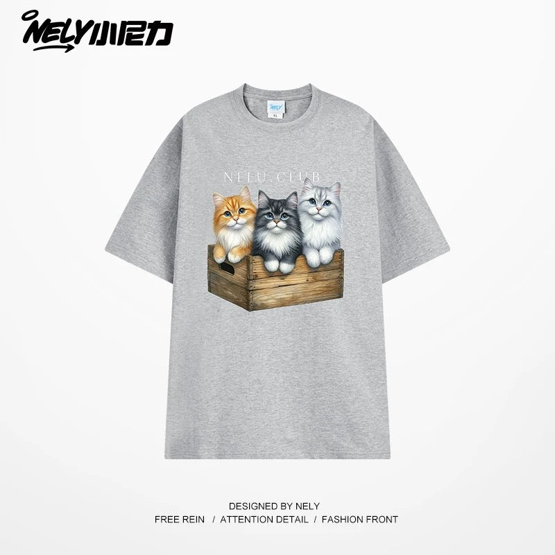 NELY Little Nelly Cartoon Cute Cat Short Sleeve T-shirt for Men and Women Summer American Retro Chic Hong Kong Style Tops Trend