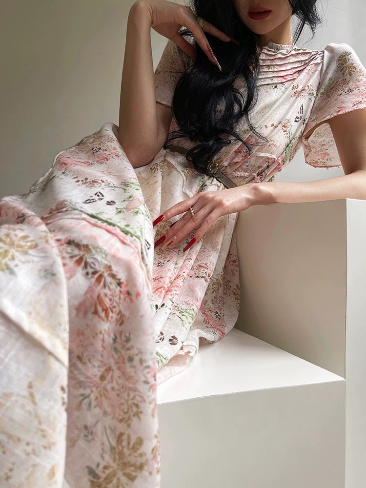 Aconiconi｜Flower Sweet Early Summer French Retro Dress Loose Slim Floral Gentle Style Straight Skirt