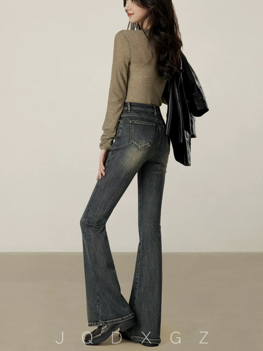 The rise of small American retro bell-bottom high-waisted slim jeans for women in spring and autumn style distressed slightly flared pants