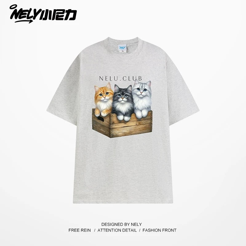 NELY Little Nelly Cartoon Cute Cat Short Sleeve T-shirt for Men and Women Summer American Retro Chic Hong Kong Style Tops Trend