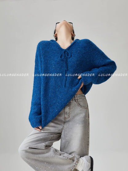 Lulu's style, relaxed fit, slimming sequined hooded sweater, women's autumn/winter new niche minimalist long-sleeved knitwear.