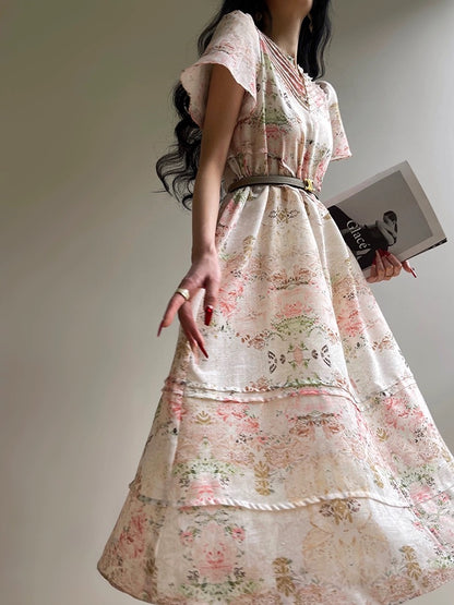Aconiconi｜Flower Sweet Early Summer French Retro Dress Loose Slim Floral Gentle Style Straight Skirt