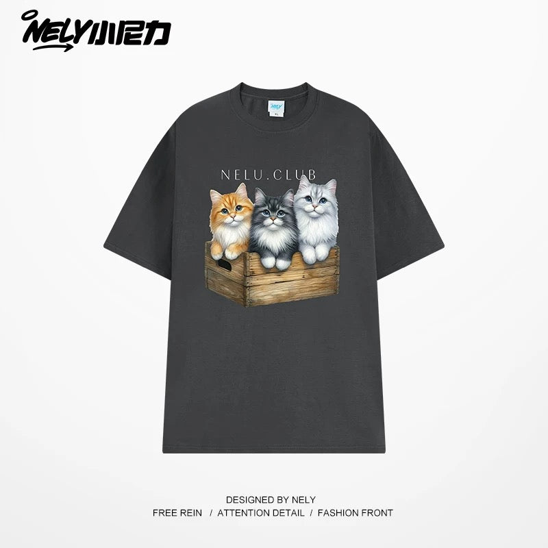 NELY Little Nelly Cartoon Cute Cat Short Sleeve T-shirt for Men and Women Summer American Retro Chic Hong Kong Style Tops Trend
