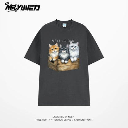 NELY Little Nelly Cartoon Cute Cat Short Sleeve T-shirt for Men and Women Summer American Retro Chic Hong Kong Style Tops Trend