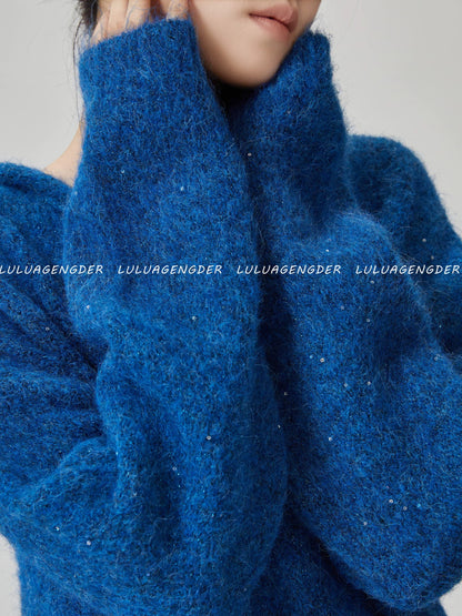 Lulu's style, relaxed fit, slimming sequined hooded sweater, women's autumn/winter new niche minimalist long-sleeved knitwear.