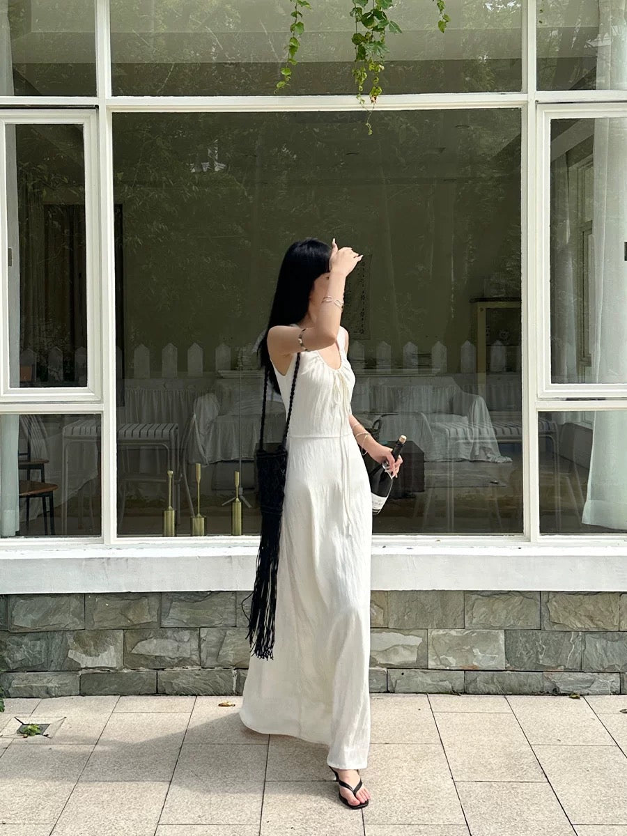 VENUIE White Tencel U-neck Dress Women's French Temperament Slim Design Strapless Sleeveless Vest Long Dress
