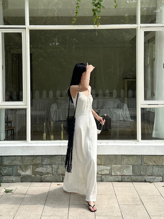 VENUIE White Tencel U-neck Dress Women's French Temperament Slim Design Strapless Sleeveless Vest Long Dress