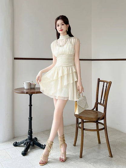 French chiffon dress women summer 2025 new sleeveless white fairy irregular gentle style a-line short skirt