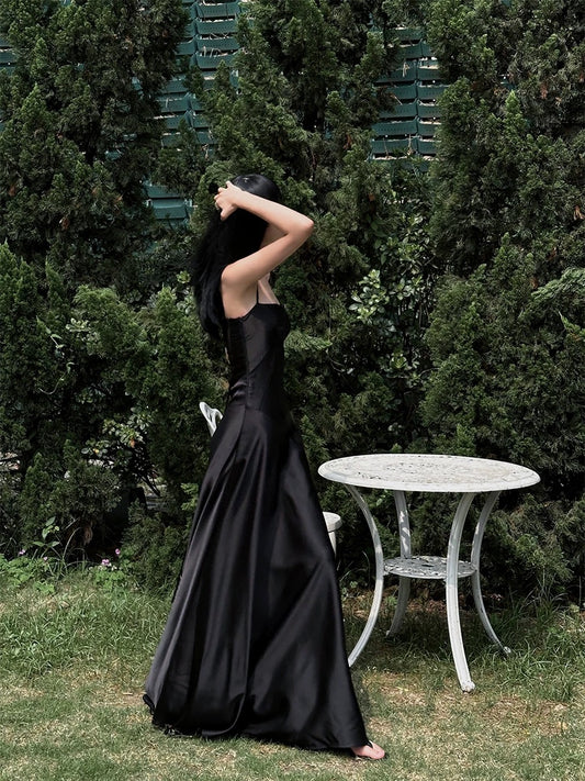 VENUIE black suspender dress French style back straps one-shoulder waist satin sleeveless long skirt