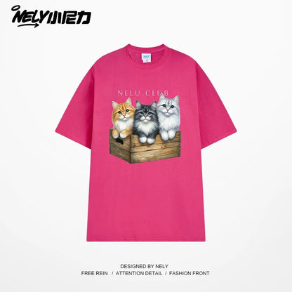 NELY Little Nelly Cartoon Cute Cat Short Sleeve T-shirt for Men and Women Summer American Retro Chic Hong Kong Style Tops Trend