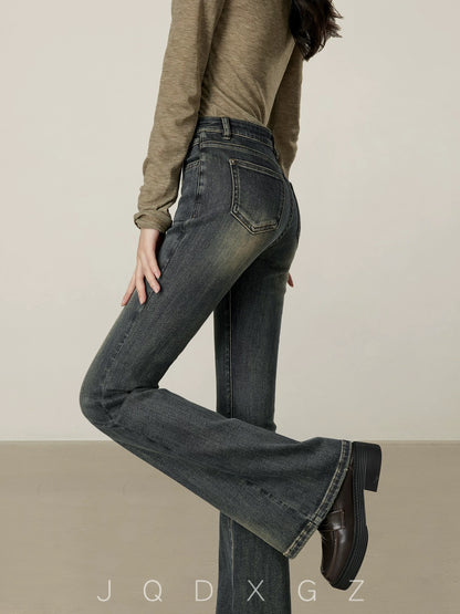The rise of small American retro bell-bottom high-waisted slim jeans for women in spring and autumn style distressed slightly flared pants