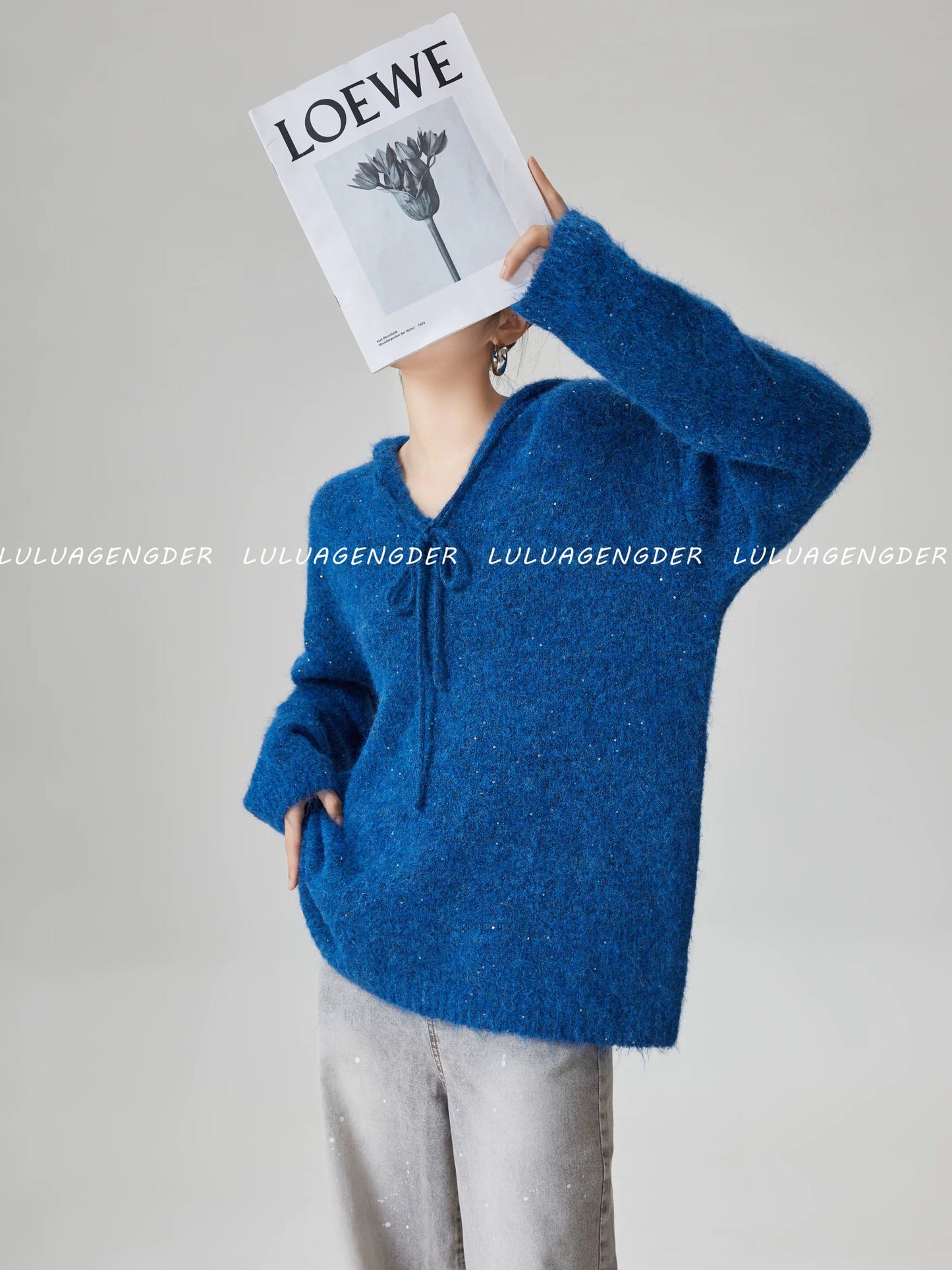 Lulu's style, relaxed fit, slimming sequined hooded sweater, women's autumn/winter new niche minimalist long-sleeved knitwear.