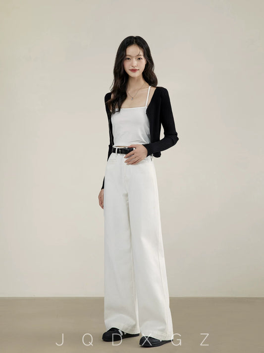 The rise of small white jeans for women in spring and autumn high-waisted loose 150 tall straight narrow wide-leg pants