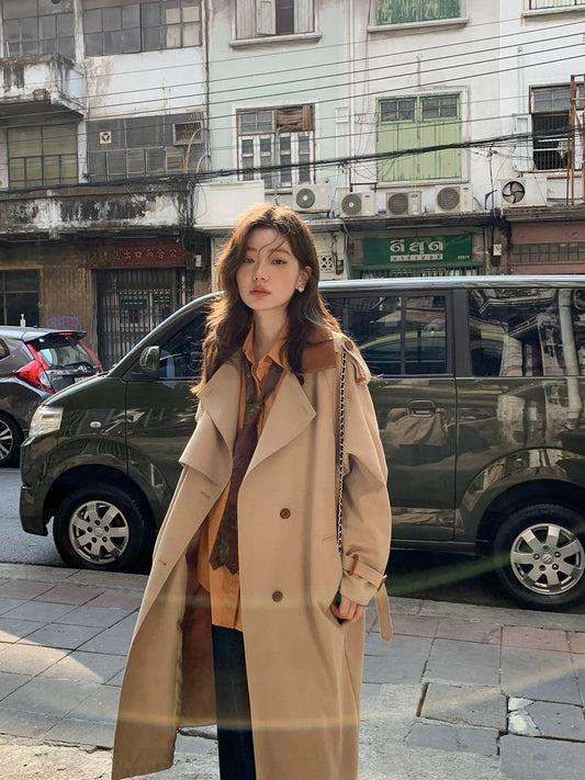 Hello Canon Contrast Color Lapel Raglan Sleeve Windbreaker Jacket Women's Spring New Design Loose Long Coat