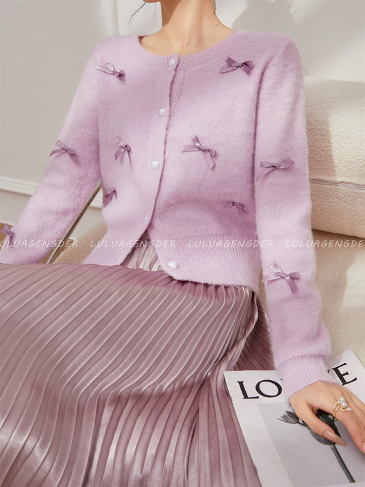 [In Stock] Lulu's Sweet and Youthful Purple Knitted Sweater for Women, Autumn and Winter, Bow Design, Slimming Cardigan