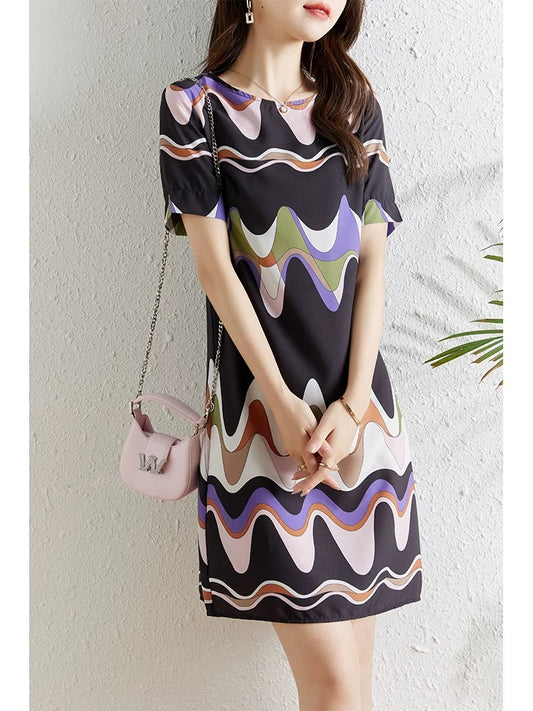 Fashionable age-reducing wavy printed chiffon dress for women in summer, small, loose, belly-covering, slimming, casual straight skirt
