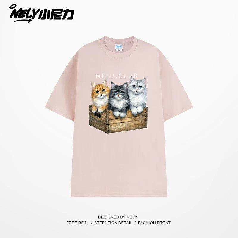 NELY Little Nelly Cartoon Cute Cat Short Sleeve T-shirt for Men and Women Summer American Retro Chic Hong Kong Style Tops Trend
