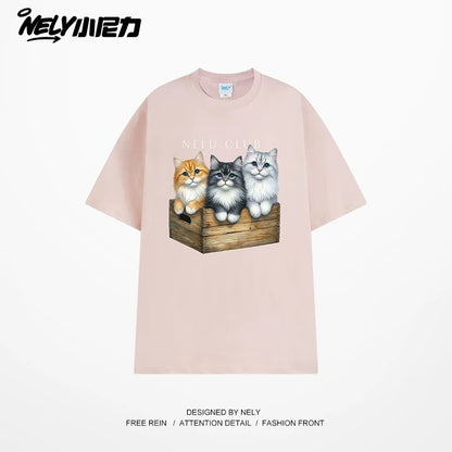 NELY Little Nelly Cartoon Cute Cat Short Sleeve T-shirt for Men and Women Summer American Retro Chic Hong Kong Style Tops Trend