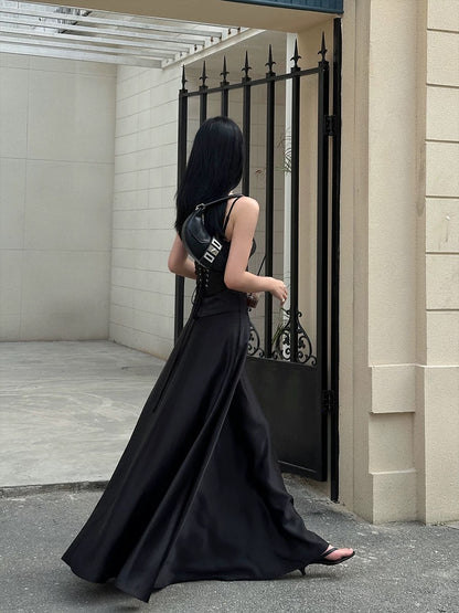 VENUIE black suspender dress French style back straps one-shoulder waist satin sleeveless long skirt