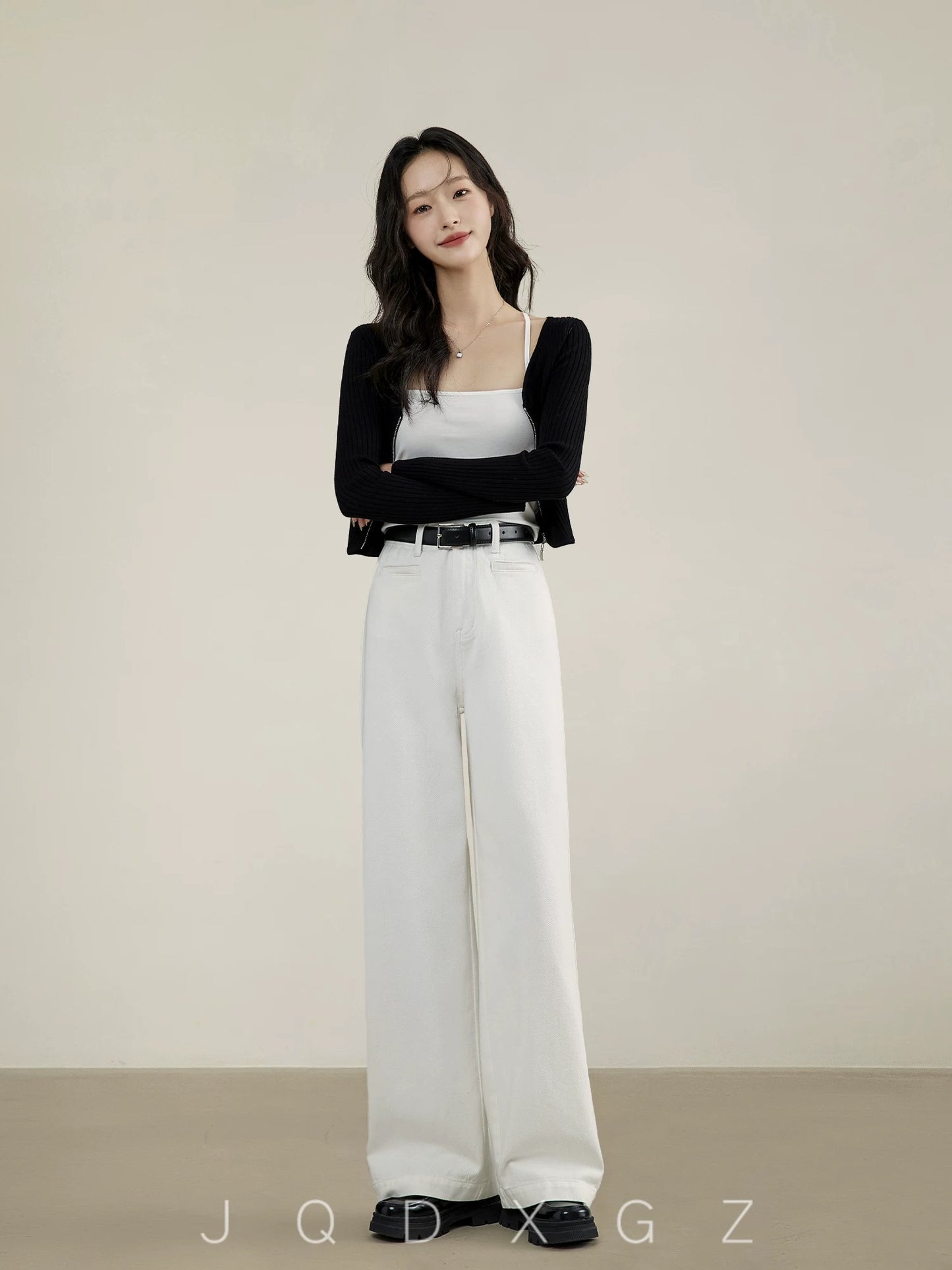 The rise of small white jeans for women in spring and autumn high-waisted loose 150 tall straight narrow wide-leg pants