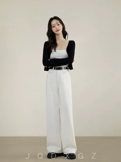 The rise of small white jeans for women in spring and autumn high-waisted loose 150 tall straight narrow wide-leg pants