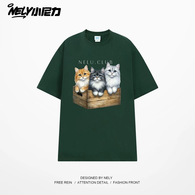 NELY Little Nelly Cartoon Cute Cat Short Sleeve T-shirt for Men and Women Summer American Retro Chic Hong Kong Style Tops Trend