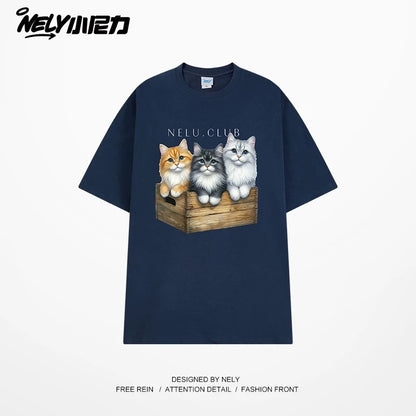 NELY Little Nelly Cartoon Cute Cat Short Sleeve T-shirt for Men and Women Summer American Retro Chic Hong Kong Style Tops Trend