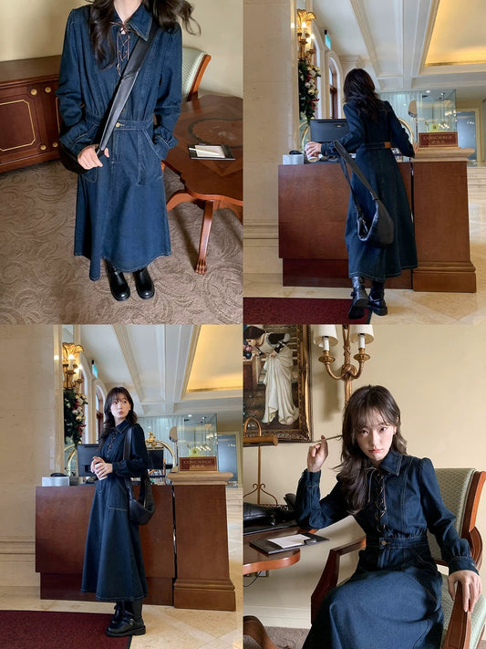 Hello Canon Cross-strap lapel denim dress women's spring 2024 new high-waisted long-sleeved A-line skirt
