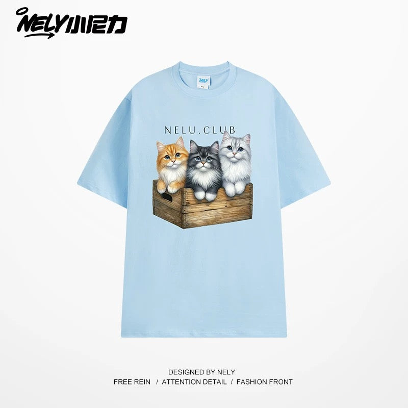 NELY Little Nelly Cartoon Cute Cat Short Sleeve T-shirt for Men and Women Summer American Retro Chic Hong Kong Style Tops Trend