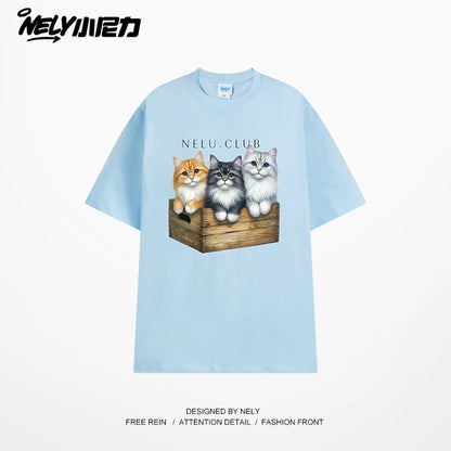 NELY Little Nelly Cartoon Cute Cat Short Sleeve T-shirt for Men and Women Summer American Retro Chic Hong Kong Style Tops Trend