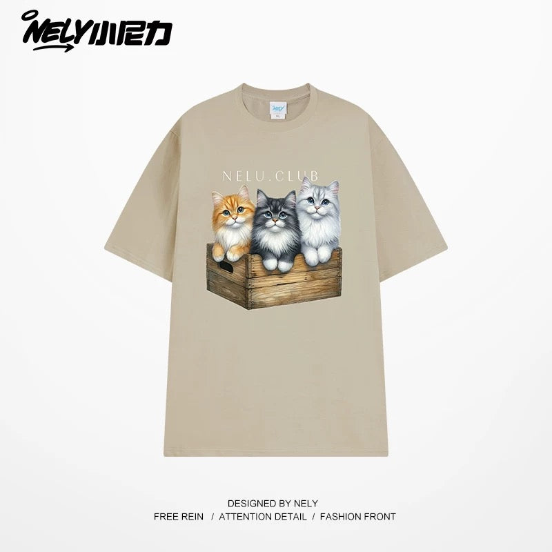 NELY Little Nelly Cartoon Cute Cat Short Sleeve T-shirt for Men and Women Summer American Retro Chic Hong Kong Style Tops Trend