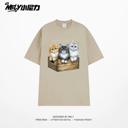 NELY Little Nelly Cartoon Cute Cat Short Sleeve T-shirt for Men and Women Summer American Retro Chic Hong Kong Style Tops Trend