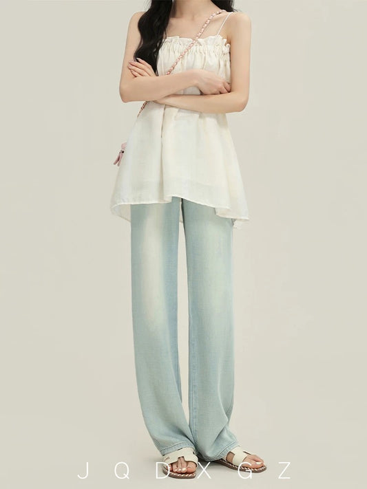 The rise of small women's Tencel jeans, narrow straight pants, summer thin pear-shaped body pants, high-waisted pants