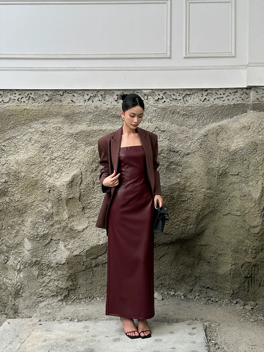 VENUIE wine red one-shoulder suspender dress for women in spring, high   Lee Nhi Boutique