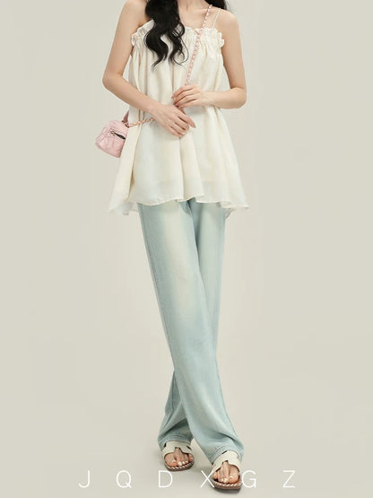 The rise of small women's Tencel jeans, narrow straight pants, summer thin pear-shaped body pants, high-waisted pants