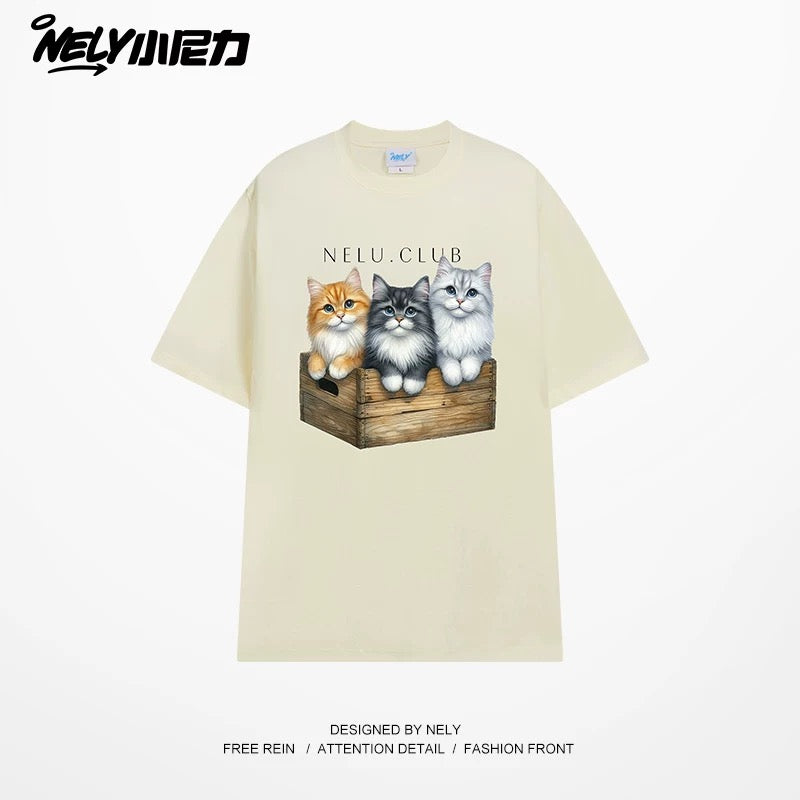 NELY Little Nelly Cartoon Cute Cat Short Sleeve T-shirt for Men and Women Summer American Retro Chic Hong Kong Style Tops Trend