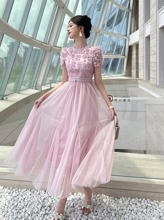 Pink lace dress female 2025 summer new style light luxury temperament rich daughter waist large swing mesh long skirt