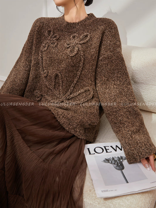 Lulu's French retro Maillard style round neck sweater, new autumn style, three-dimensional design, long sleeve knitwear.