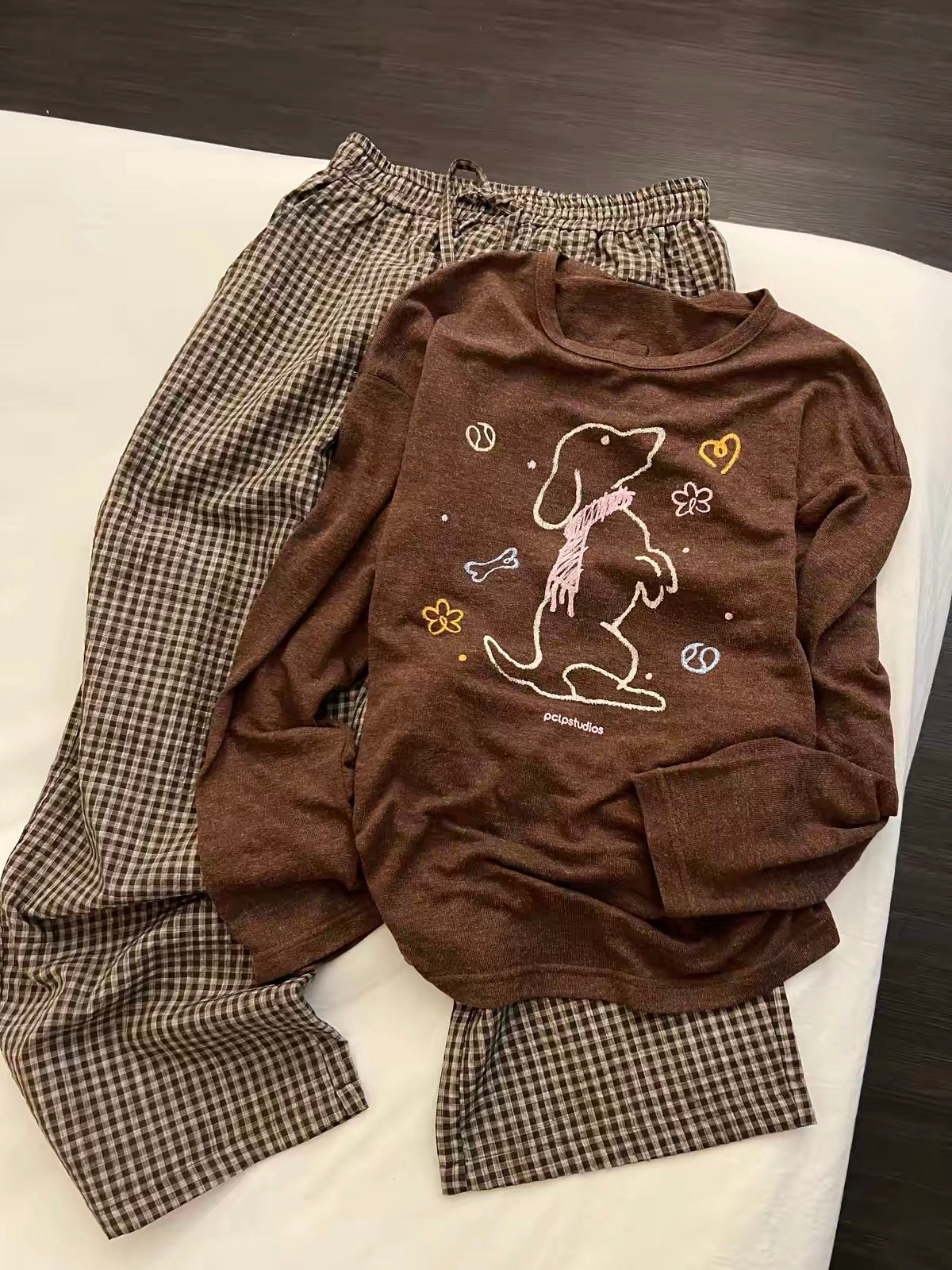Women's Long-Sleeve Pajama Set (Maillard Style with Puppy Print & Plaid Pants) – New for Autumn 2026; Suitable for Lounging or Casual Outings