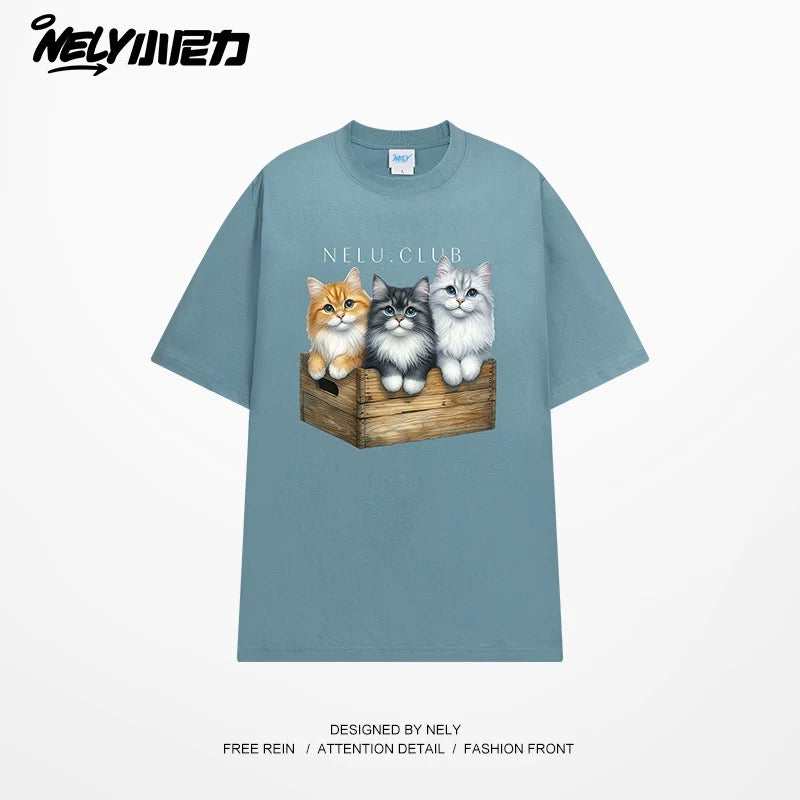 NELY Little Nelly Cartoon Cute Cat Short Sleeve T-shirt for Men and Women Summer American Retro Chic Hong Kong Style Tops Trend