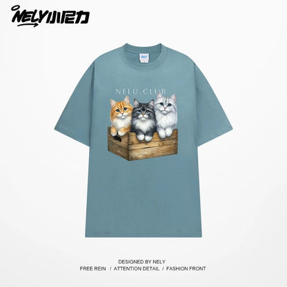 NELY Little Nelly Cartoon Cute Cat Short Sleeve T-shirt for Men and Women Summer American Retro Chic Hong Kong Style Tops Trend