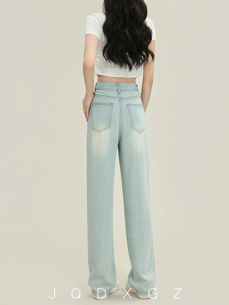 The rise of small women's Tencel jeans, narrow straight pants, summer thin pear-shaped body pants, high-waisted pants