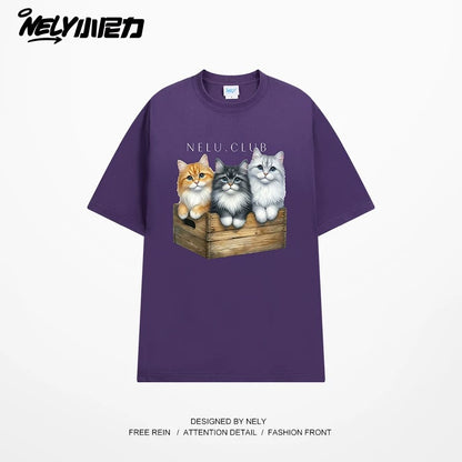NELY Little Nelly Cartoon Cute Cat Short Sleeve T-shirt for Men and Women Summer American Retro Chic Hong Kong Style Tops Trend