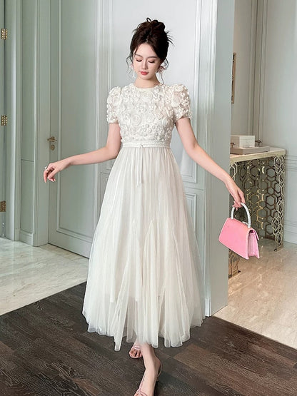 Pink lace dress female 2025 summer new style light luxury temperament rich daughter waist large swing mesh long skirt