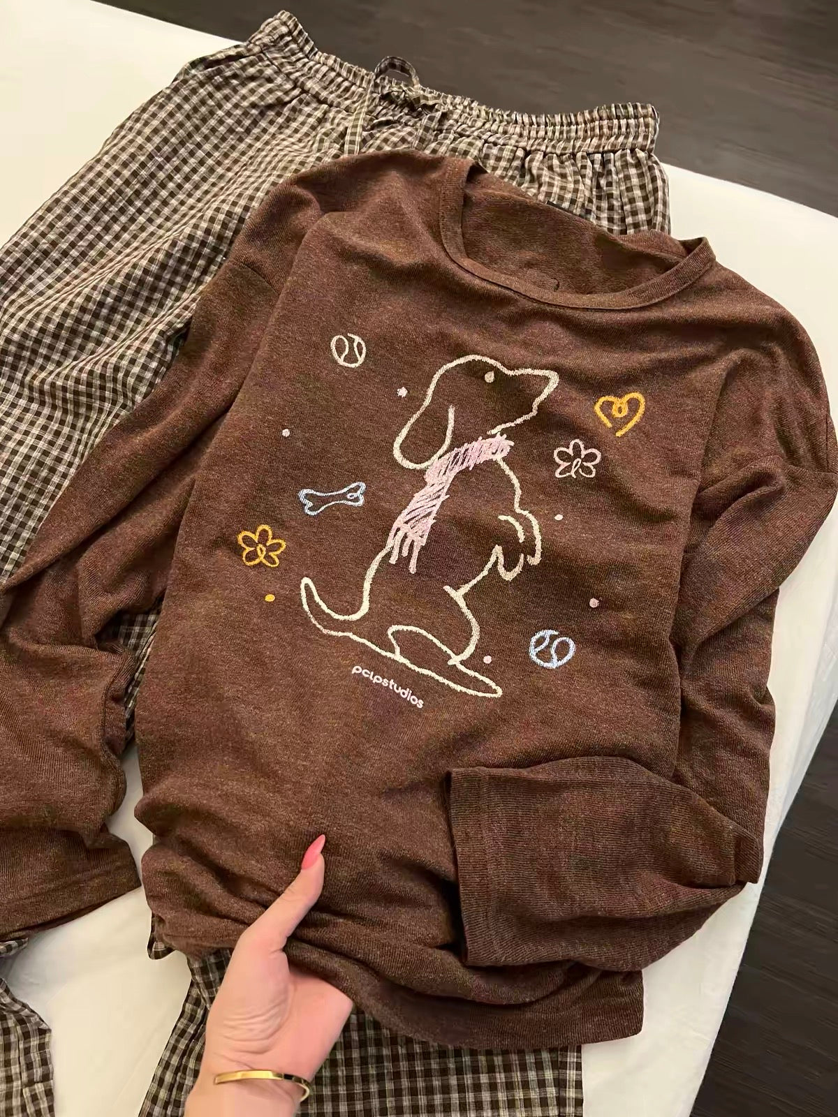 Women's Long-Sleeve Pajama Set (Maillard Style with Puppy Print & Plaid Pants) – New for Autumn 2026; Suitable for Lounging or Casual Outings