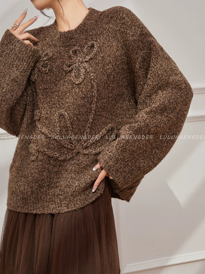 Lulu's French retro Maillard style round neck sweater, new autumn style, three-dimensional design, long sleeve knitwear.
