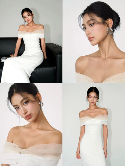 NEVA HU French one-shoulder dress for women, long design, elegant mesh stitching, off-shoulder tube top dress