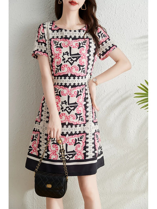 French retro big-name printed short-sleeved dress for women summer 2024 new style waist slimming a-line skirt
