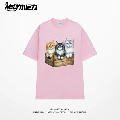 NELY Little Nelly Cartoon Cute Cat Short Sleeve T-shirt for Men and Women Summer American Retro Chic Hong Kong Style Tops Trend